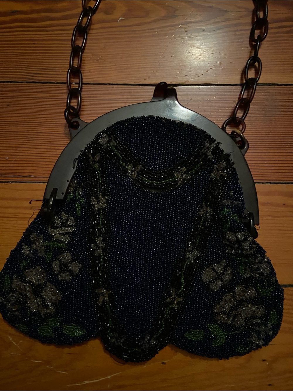 Antique Vintage dark Navy blue Beaded Bag Floral green leaves leaf MISSING beads
